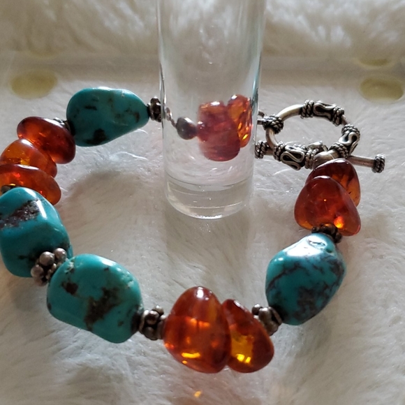 Amber and Turquoise Silver Bracelet - Picture 3 of 7